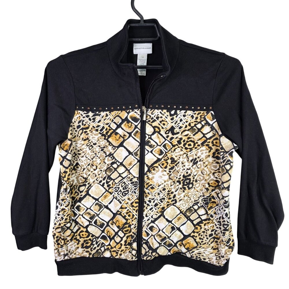 Womens Alfred Dunner Black Brown Animal Print Jacket Full Zip Cotton Blend 14